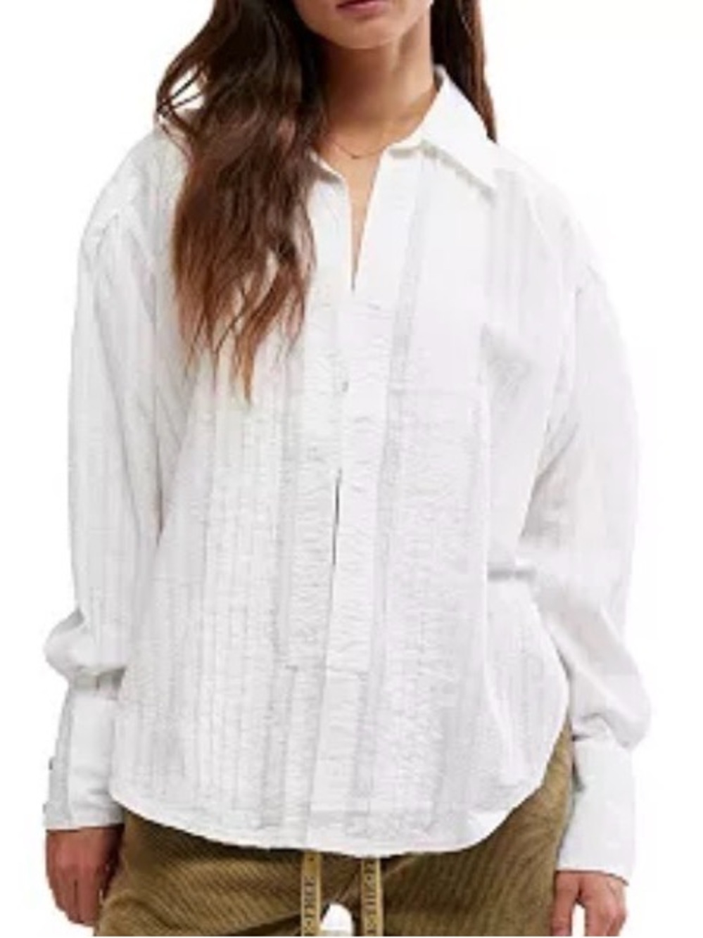 FP We The Free Tux Vibes Pintuck Cotton Oversized Button-Down Shirt Size XL Boho
